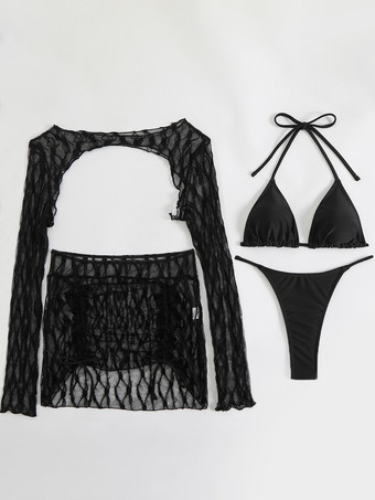ホルタービキニとメッシュカバーアップとミニスカートの4ピース水着セット 2025