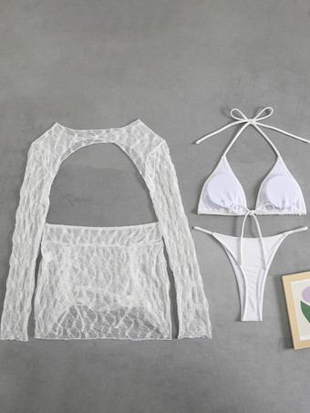 ホルタービキニとメッシュカバーアップとミニスカートの4ピース水着セット 2025