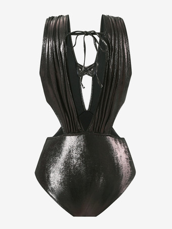 2025年夏のビーチにぴったりな光沢のある黒のVネックモノキニとハイスリットスカートの2点セット