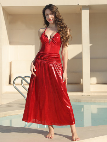 レッド 2025年夏のビーチにぴったりな光沢のある赤いVネック水着とロングスカートの2点セット