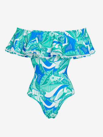 オフショルダーのフリル付きトロピカルプリントワンピース水着 2025年夏のビーチ用