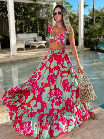 プリント柄フリルストラップビキニとマキシスカートの3点水着セット 2025年夏用