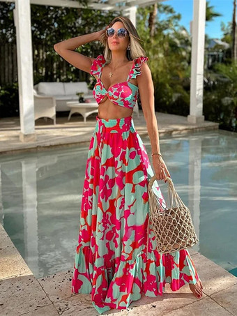 ローズレッドプリント柄フリルストラップビキニとマキシスカートの3点水着セット 2025年夏用