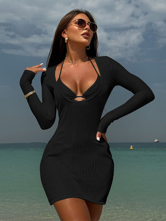 ブラック ホルタービキニと長袖Uネックミニドレスカバーアップ3ピース水着セット2025