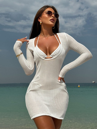 ホワイト ホルタービキニと長袖Uネックミニドレスカバーアップ3ピース水着セット2025