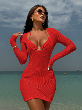 レッド ホルタービキニと長袖Uネックミニドレスカバーアップ3ピース水着セット2025