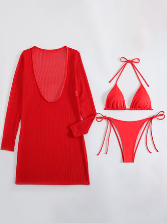 ホルタービキニと長袖Uネックミニドレスカバーアップ3ピース水着セット2025