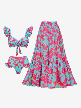 プリント柄フリルストラップビキニとマキシスカートの3点水着セット 2025年夏用