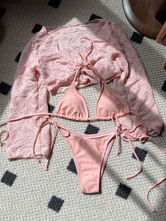 2025年夏向けホルタービキニと長袖クロップトップの3ピース水着セット