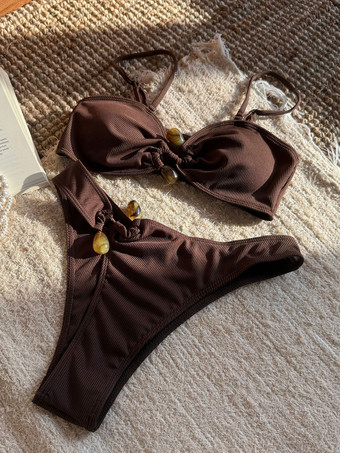 女性用 S 字型装飾のテクスチャ ビキニ セット 2025