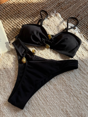 女性用 S 字型装飾のテクスチャ ビキニ セット 2025