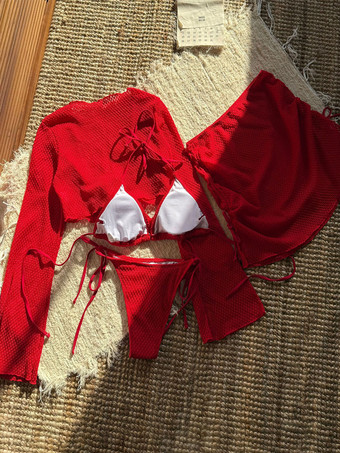 2025年夏向け無地ホルタービキニとカバーアップ4点水着セット