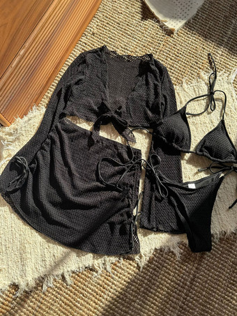 2025年夏向け無地ホルタービキニとカバーアップ4点水着セット