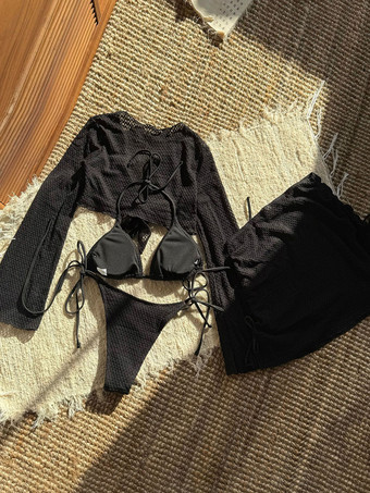 2025年夏向け無地ホルタービキニとカバーアップ4点水着セット