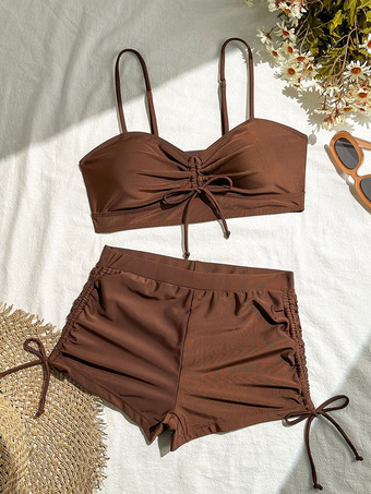 2025年夏向け、サイドドローストリング付きハイウエストボーイショーツツーピース水着