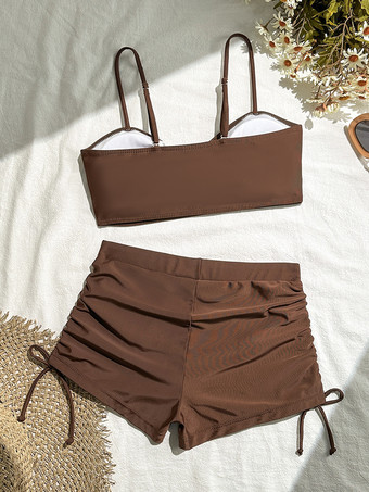 2025年夏向け、サイドドローストリング付きハイウエストボーイショーツツーピース水着