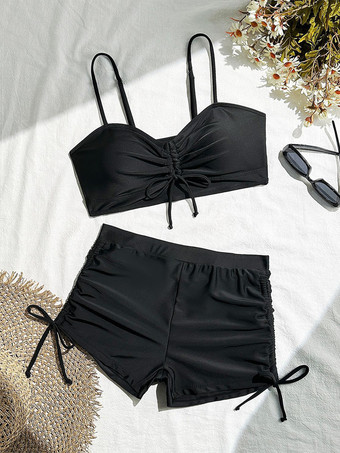 2025年夏向け、サイドドローストリング付きハイウエストボーイショーツツーピース水着