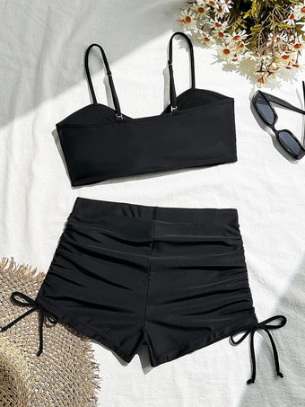 2025年夏向け、サイドドローストリング付きハイウエストボーイショーツツーピース水着