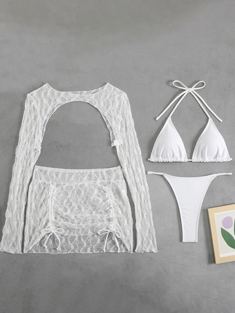 ホルタービキニとメッシュカバーアップとミニスカートの4ピース水着セット 2025
