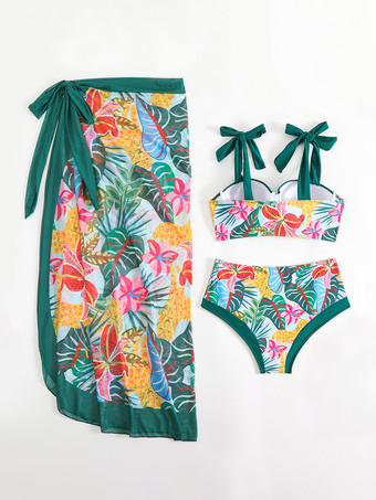 2025年夏用花柄プリントビキニとラップスカートの3点水着セット