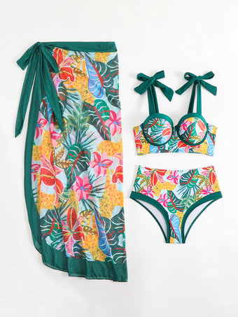 2025年夏用花柄プリントビキニとラップスカートの3点水着セット