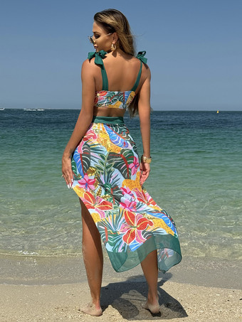 2025年夏用花柄プリントビキニとラップスカートの3点水着セット