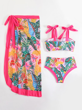 2025年夏用花柄プリントビキニとラップスカートの3点水着セット