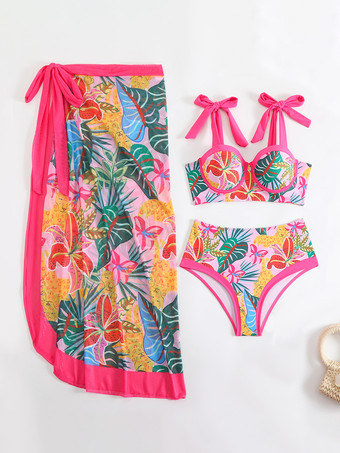 2025年夏用花柄プリントビキニとラップスカートの3点水着セット