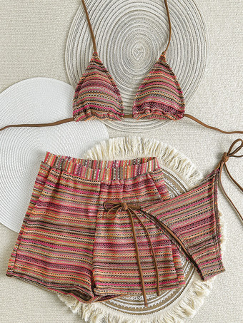 ボヘミアンプリントホルタービキニとショーツの3点水着セット 2025年夏