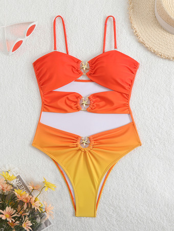 2025年夏向けオレンジグラデーションモノキニカットアウトワンピース水着