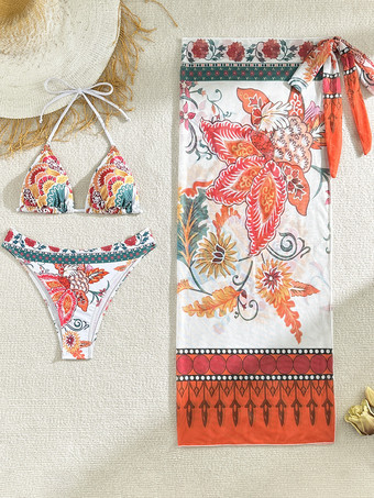 2025年夏向け花柄プリントビキニとサロンラップスカートの3点セット