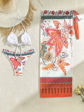 2025年夏向け花柄プリントビキニとサロンラップスカートの3点セット