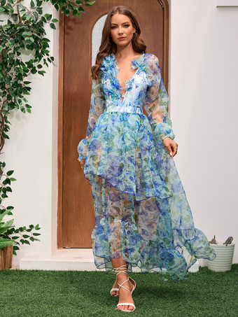 ティール花柄長袖Vネックワンピース水着とフリルロングスカートセット2025