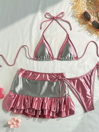 2025年夏向けコントラストビキニとミニスカートの3ピース水着