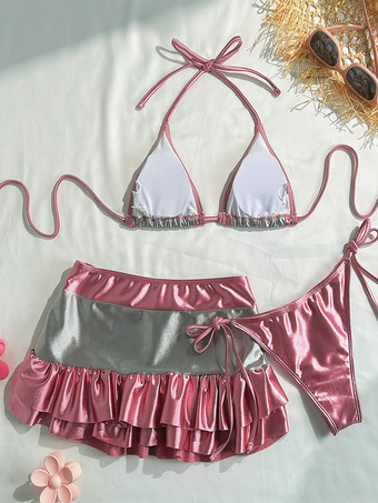 2025年夏向けコントラストビキニとミニスカートの3ピース水着