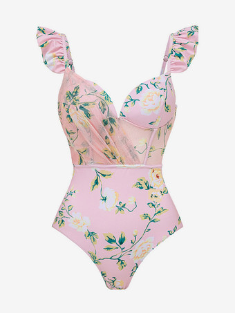 2025年夏向け花柄プリントフリルストラップワンピース水着