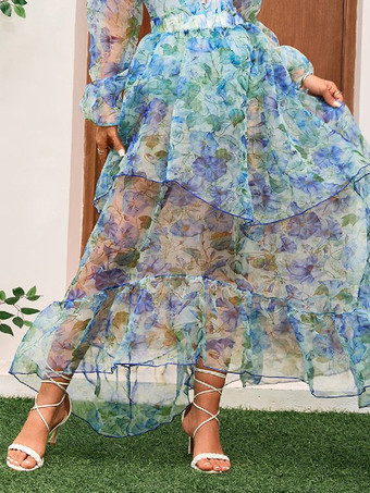 花柄長袖Vネックワンピース水着とフリルロングスカートセット2025