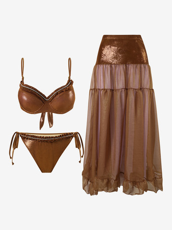 2025年夏向けの光沢のあるビキニとマキシスカートの3ピース水着セット