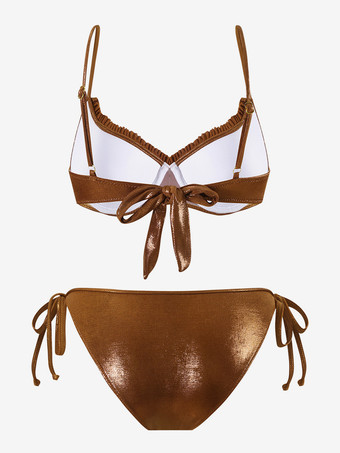 2025年夏向けの光沢のあるビキニとマキシスカートの3ピース水着セット