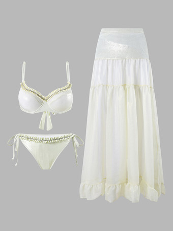 2025年夏向けの光沢のあるビキニとマキシスカートの3ピース水着セット