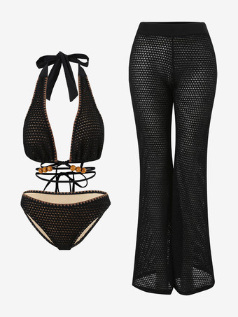 2025年夏向けニットビーズホルターネックのセクシーなツーピース水着とパンツセット