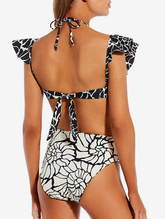 2025年夏向け花柄フリル2ピースコントラストカラー水着