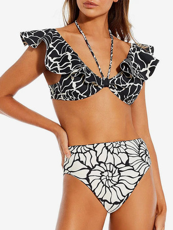 2025年夏向け花柄フリル2ピースコントラストカラー水着