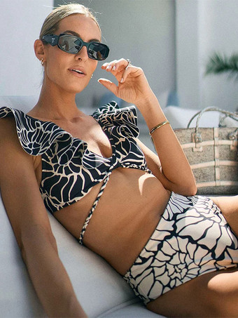 2025年夏向け花柄フリル2ピースコントラストカラー水着