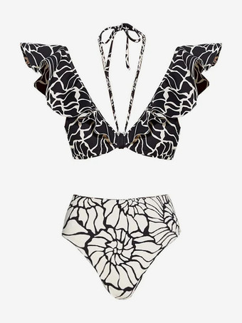 2025年夏向け花柄フリル2ピースコントラストカラー水着