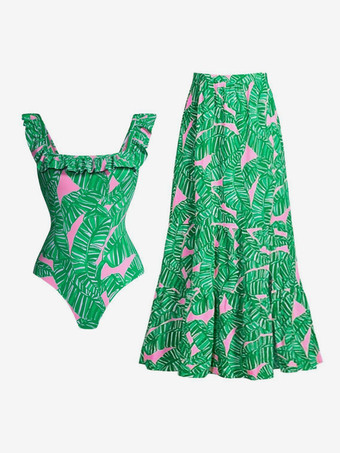 2025年夏向けグリーントロピカルプリントワンピース水着とマキシスカート2点セット