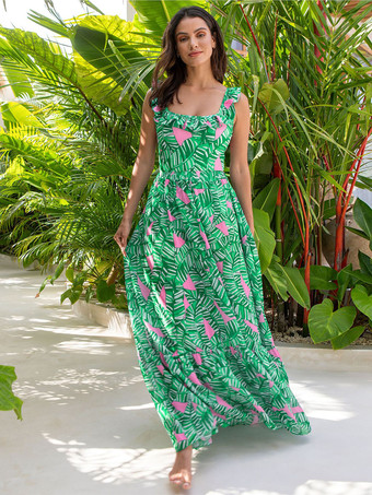 グリーン 2025年夏向けグリーントロピカルプリントワンピース水着とマキシスカート2点セット