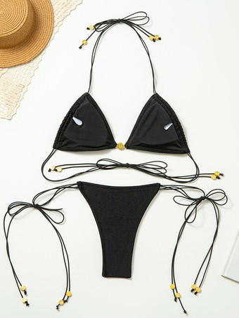 2025年夏用無地伸縮性ストリングビキニ2点セット