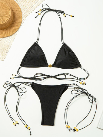 2025年夏用無地伸縮性ストリングビキニ2点セット