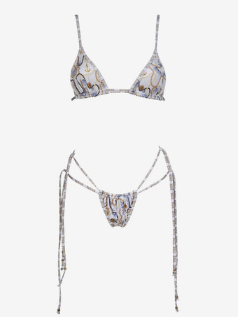 プリント柄のセクシーなビキニと長袖カバーアップの3点水着セット、夏のビーチ2025